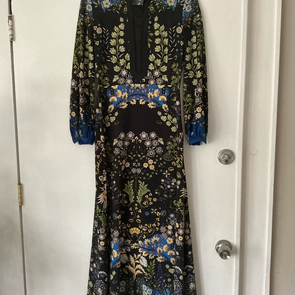 Etro Black Floral Maxi Dress with Blue and Green Motifs
